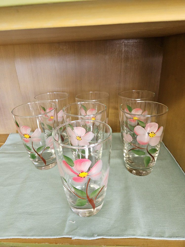 7 Vintage Hand Painted Libby Water Glasses