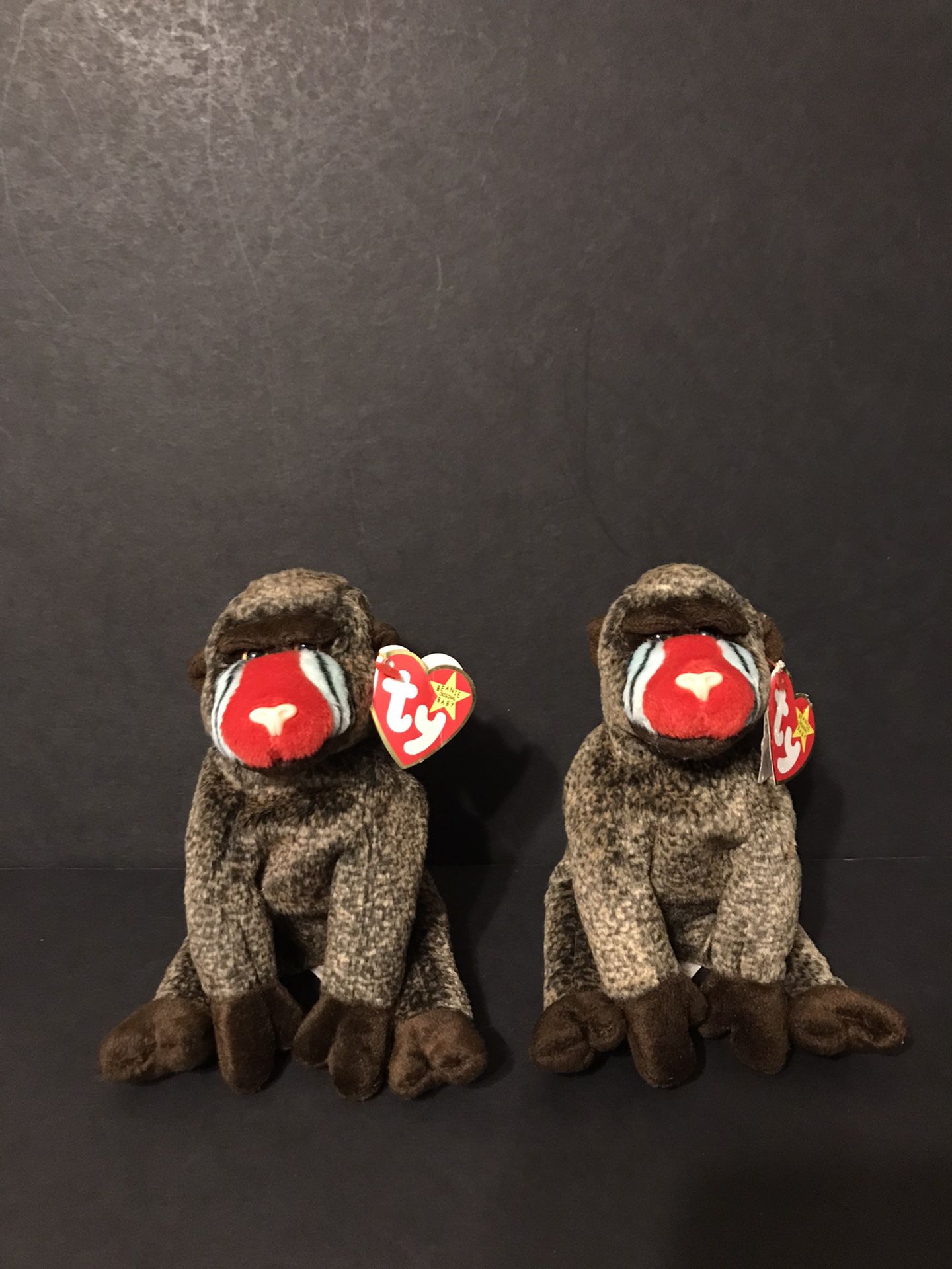 TY Beanie Babies 1999 Cheeks the Baboon Set Of 2 Retired Animals W/ All Tags