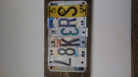 CUSTOM LICENSE PLATE MADE OUT OF RECYCLE PLATES HAND CRAFTED PINE WOOD STAIN
