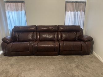 Large Genuine Leather 3-Seat Reclining Sofa – Dual Power Recliners – Brown