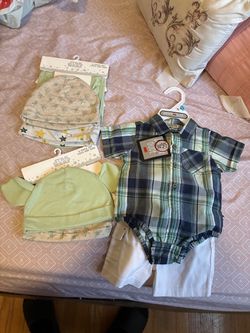 Outfit and bibs and hats