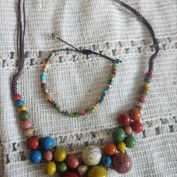 New Boho Multicolor Ceramic Beaded Adjustable Necklace & Bracelet  Set