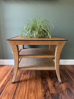 Vintage Style Midcentury Modern Rattan End Table with Shelves and Metal Edge Details