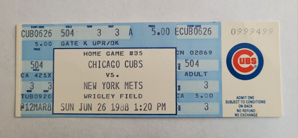 Chicago Cubs vs. New York Mets - Sunday June 26, 1988 Game Ticket that was not used.