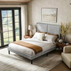 Queen Bed Frame with Tall Double Backrest, Noise-Free Metal Platform & Linen,Grey