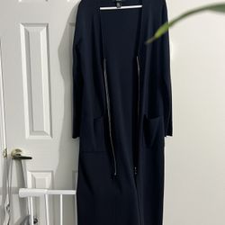 Long, Dark Navy Cardigan With Gold Accent Zipper