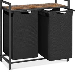VASAGLE Laundry Hamper, Laundry Basket, Laundry Sorter with 2 Pull-Out and Removable Bags, Shelf, Metal Frame, 2 x 12.1 Gallons (46 L), 28.8 x 13 x 28