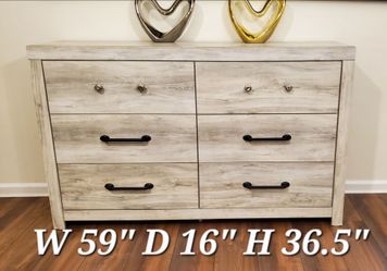 6-Drawer Whitewash Wood Dresser 59" Wide