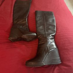 Authentic Prada Black Soft Leather Knee High Wedge Boot, Used, Flaw And Normal Wear, Size 10.5