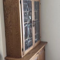 Small Oak Wood Hutch Cabinet With Light Bulbs
