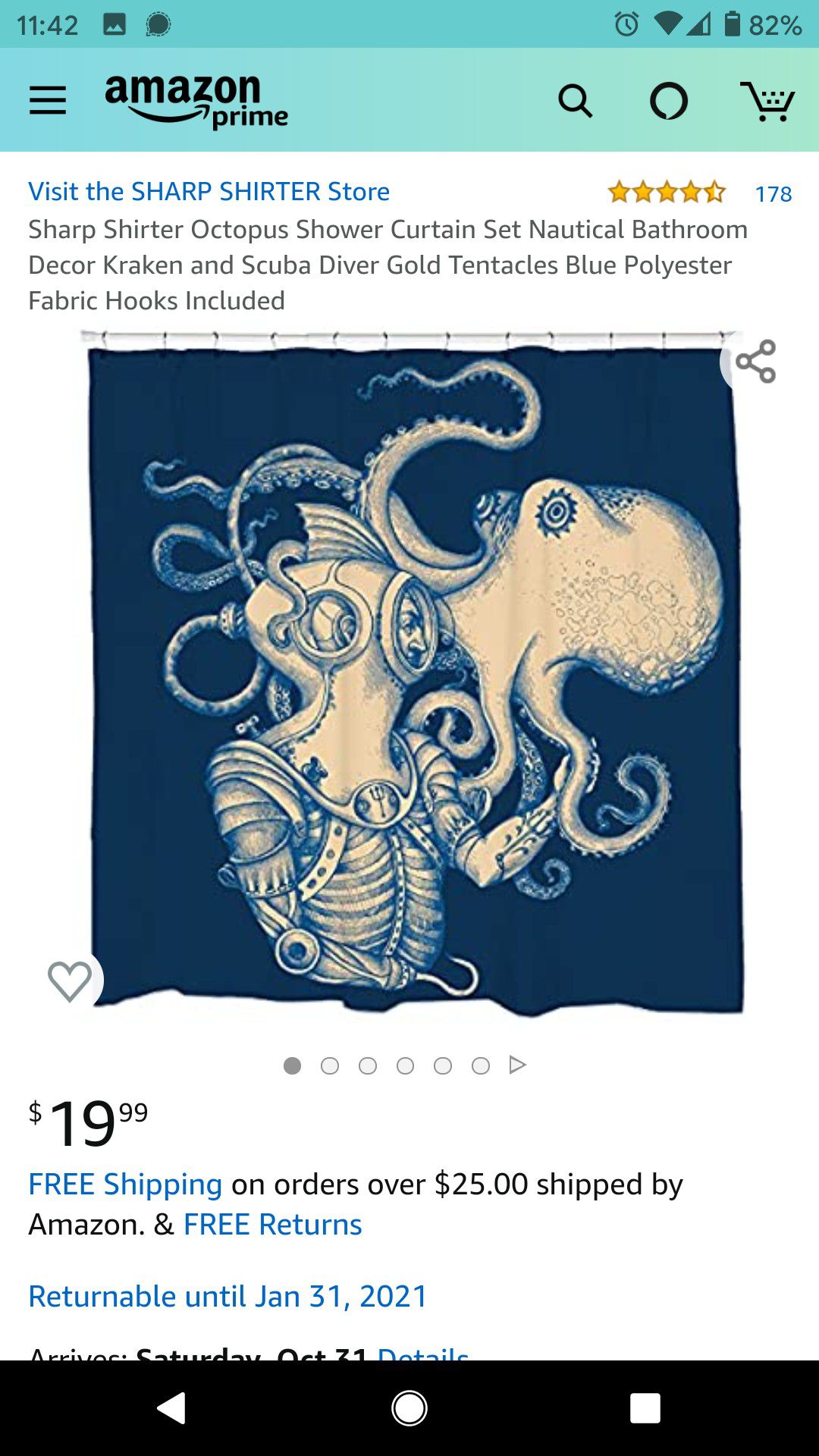 Society6 Octopus Shower Curtain Set Nautical Bathroom Decor Kraken and Scuba Diver Gold Tentacles Blue Polyester Fabric clear plasti hooks included