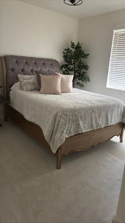 Beautifully upholstered gray silk Queen Bed Frame Real Wood