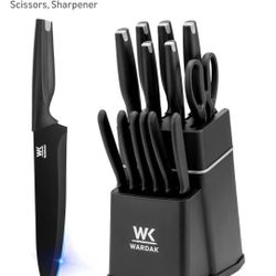 WARDAK Kitchen Knife Set 14 piece Stainless Steel w/Block Scissors, Sharpener (New)