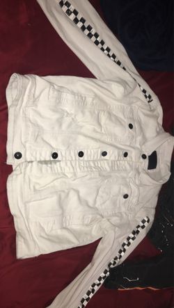 Men’s White and checkered jean jacket Size 2XL