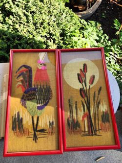 Vintage MCM Framed Yarn Art Rooster Set of 2