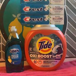 1-25XL Tide Pods 3-crest Extra Whitening Toothpaste 1-Dawn 18oz All For $20