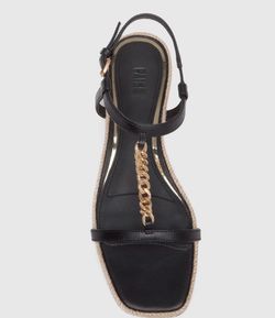 Paige Black Leather Rumi T-Strap Sandals with Gold Chain