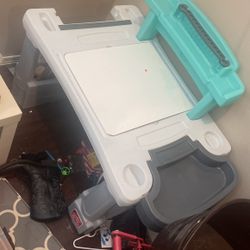Kids two step art desk with chair and toy box