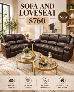 Brown Leather Recliner Sofa and Loveseat Set