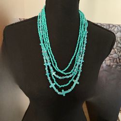 Estate Turquoise 5 Strand Beaded Necklace with Turquoise Stone Crosses