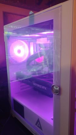 White Gaming PC tower with GeForce RTX Graphics card