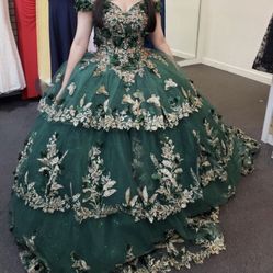 Emerald Green And Gold Quince Dress (RENT ONLY)