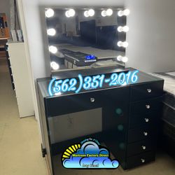 Black Vanity Half Desk Dresser Chest With Stool New 