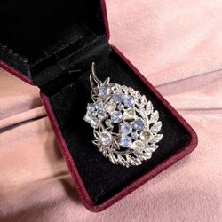 Vintage Silver Tone Blue Rhinestones 2” Brooch 