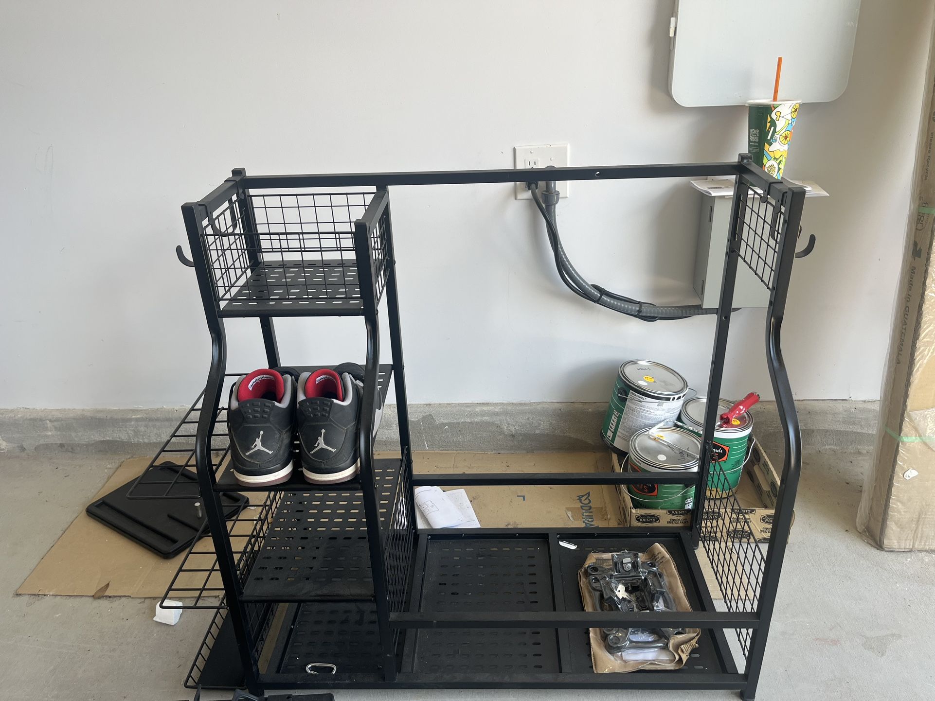 Black Metal Golf Storage Rack - Holds 2 Bags & Shoes