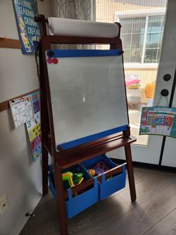 Kids Art Easel - Dry Erase, Chalk, and Paper Pull Down, with toy storage