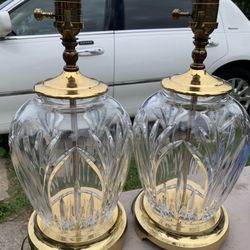 1994 16” Waterford Cut Crystal And Brass Lamps 