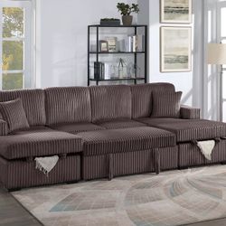 Brown Sofa Sectional w/ Pull- Out Sleeper & Double Chaise Storage 
