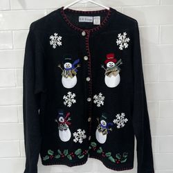 Vintage Christmas Ugly Sweater Kitschy Embellished B.P. Designs Snowmen Sz Med