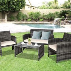 4 Pieces Patio Rattan Furniture Set With Glass Table And Loveseat 