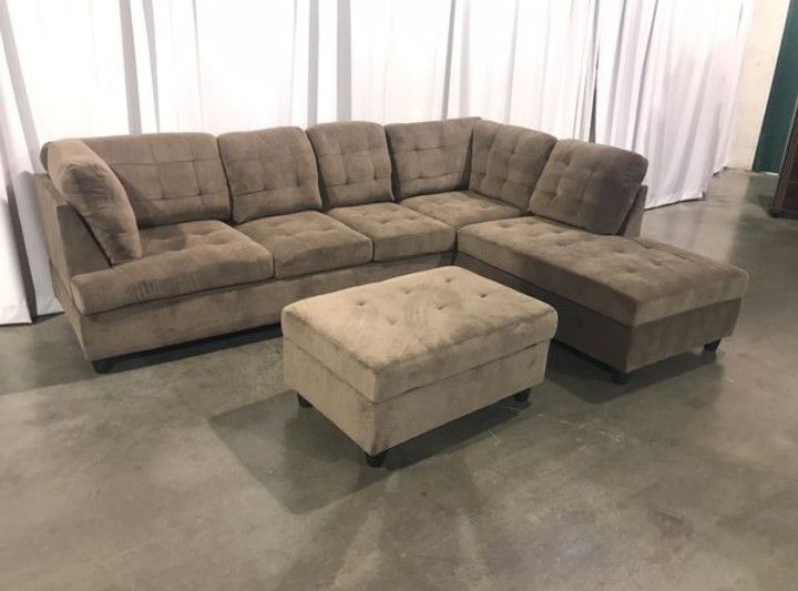 Brand New Brown Chenille Fabric Sectional With Storage Ottoman