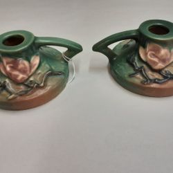 Pair Of Green Roseville Magnolia Candle Sticks- Located In Shelton 
