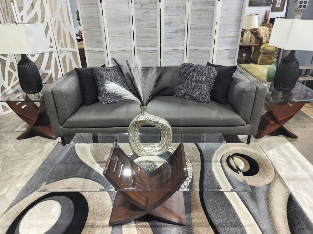 Contemporary Malta Leather Graphite Sofa