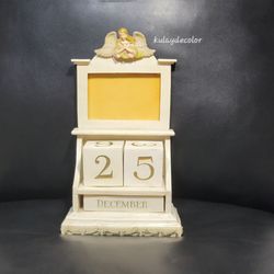 Vintage Praying Angel Perpetual Block Calendar Photo Frame Desk Distressed Decor