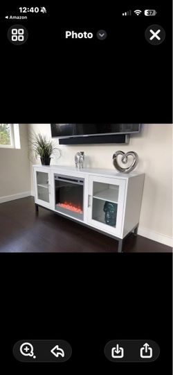 White TV Stand with Electric Fireplace Insert