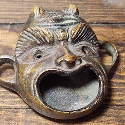 Antique Small Solid Brass Face Incense Burner Gargoyle Ash Tray Gothic Skull Rare Vintage Collectible Oddities 