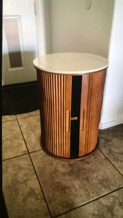 Round Fluted Wood Cabinet with Marble Top