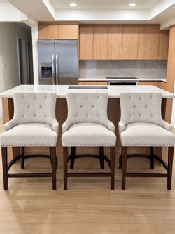 Set of 3 Tufted Fabric Bar Stools with Nailhead Trim