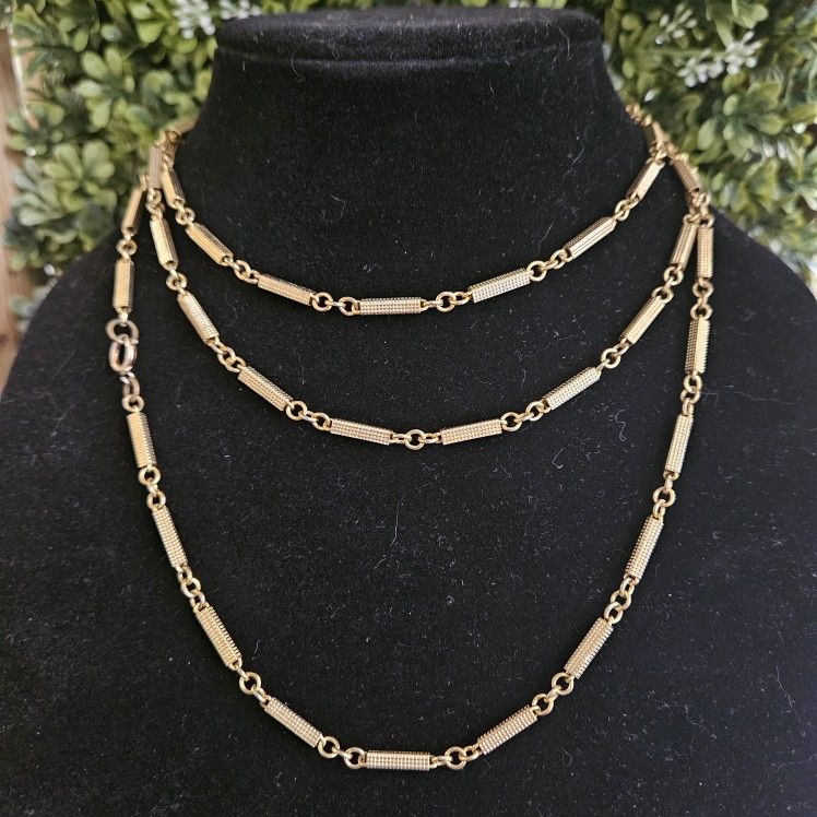 Vintage 70s Accessocraft TEXTURED BAR Gold Tone Long Chain Necklace