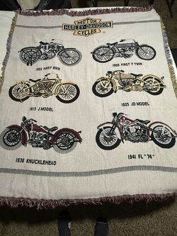 Vtg Harley Davidson Motorcycle Woven Throw Blanket Fringed Tapestry USA
