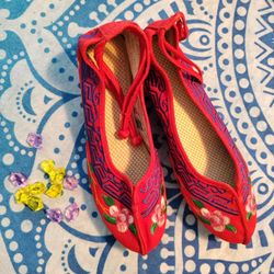 embroidery canvas women's high heels 