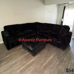 Black Corduroy Sectional Sofa With Ottoman