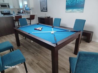 Pool Table with Blue Felt and Wood Frame