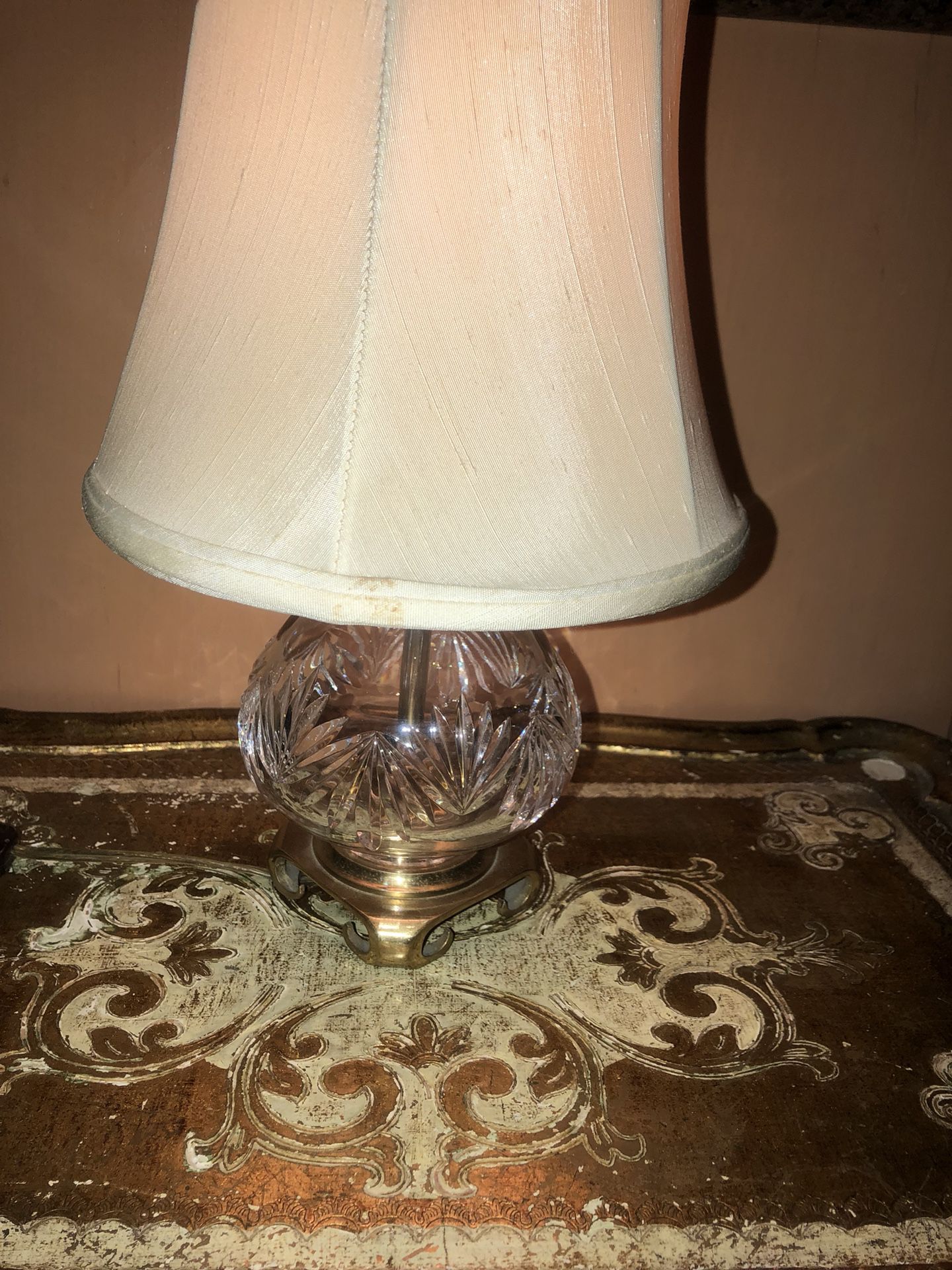 VINTAGE BRASS AND WATERFORD CRYSTAL LAMP CRESCENT BRASS MANUFACTURING CO.