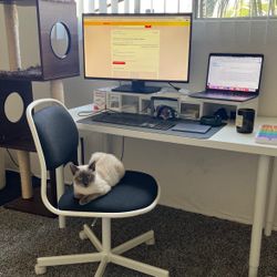Desk, office chair, desk riser