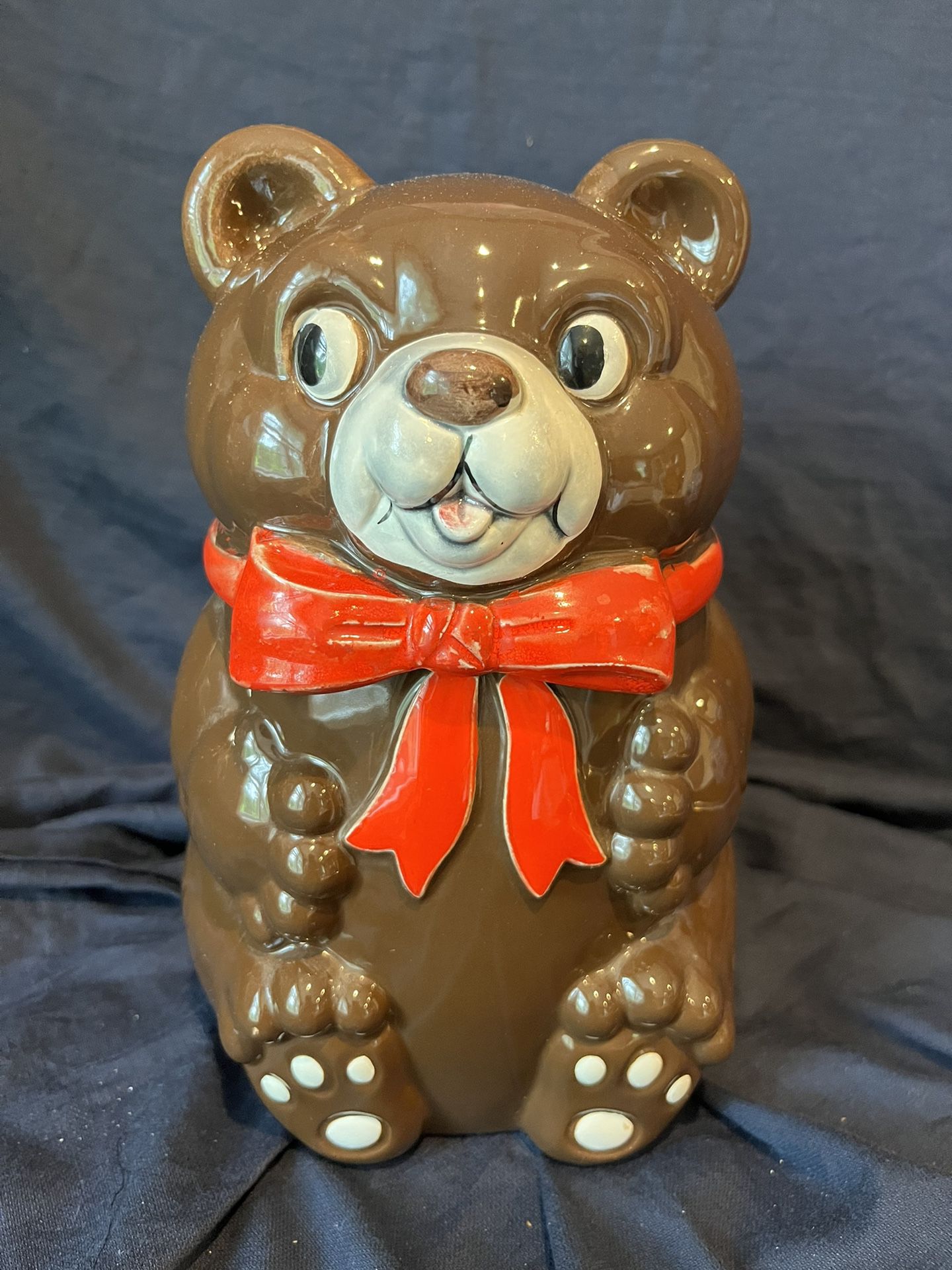 Vintage Japanese Teddy Bear Cookie Jar With Red Bow